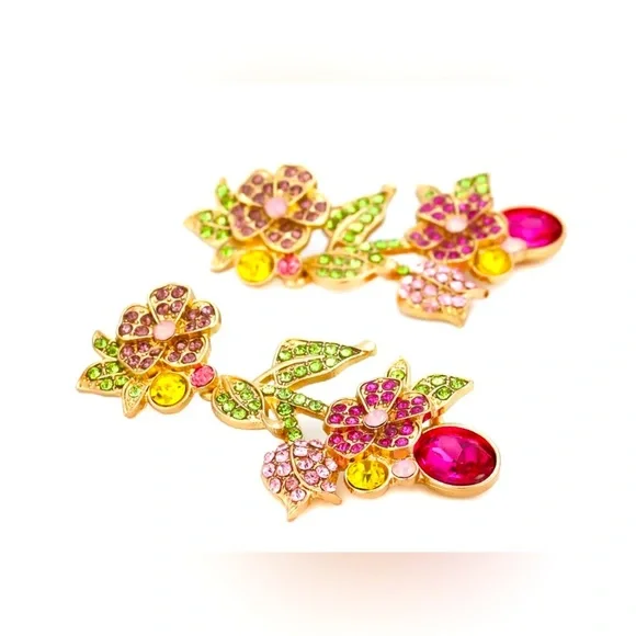 Leaf & Flower Stud Dangle Earrings Shiny Mixed Color Crystal - Picture 4 of 4